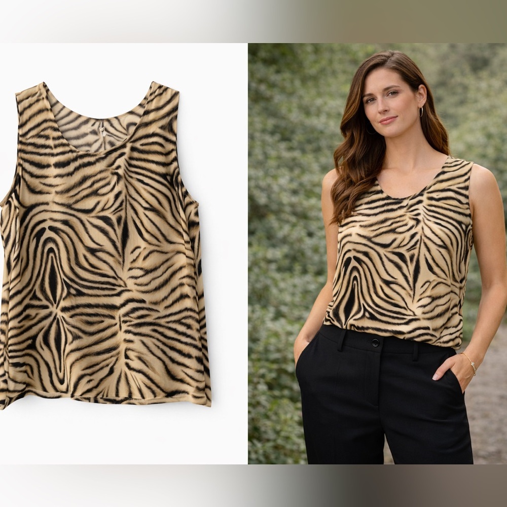 Diane Gilman 100% Silk Bold Zebra Print Tank L Quiet Luxury, Elevated Casual - Picture 9 of 9